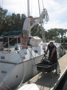 Lowering the engine into the dock cart.