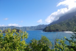 The view acrosss the bay towards Taaoa.   Motu Hanakee is in the foreground.