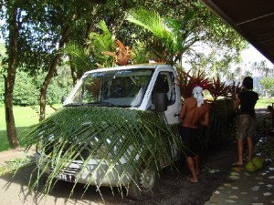 Weaving coconut leaves over the truck.